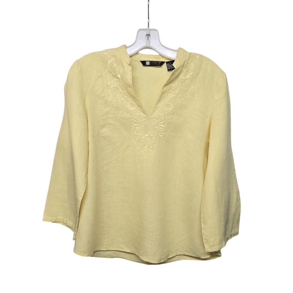 Carole Little Women’s 100% Linen Blouse Size S Embroidered Yellow Boho Chic